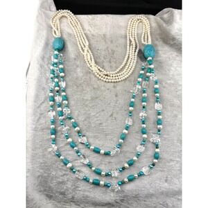 Vintage Multistrand Long Necklace Faux Pearl Blue Teal Chunky 44"